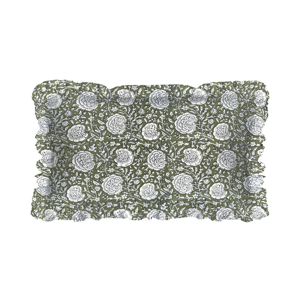 Coussin rectangle  à fleurs kaki et blanc